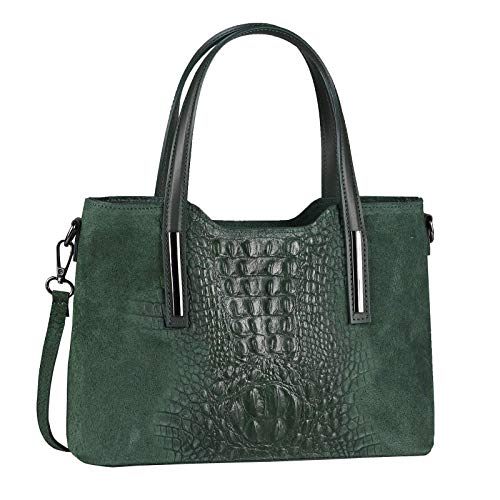 OBC Made IN Italy Damen Echt Leder Tasche Kroko-Prägung Business Shopper Schultertasche Handtasche Ledertasche Umhängetasche Wildleder Dunkelgrün von ITALYSHOP24