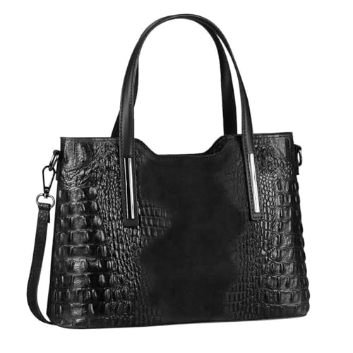 OBC Made IN Italy Damen Echt Leder Tasche Kroko-Prägung Business Shopper Schultertasche Handtasche Ledertasche Umhängetasche Wildleder Schwarz von ITALYSHOP24
