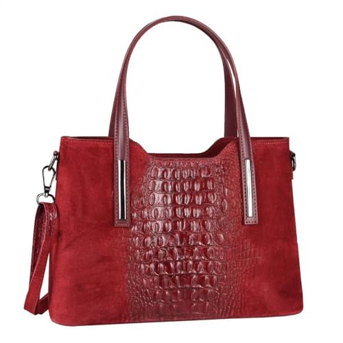 OBC Made IN Italy Damen Echt Leder Tasche Kroko-Prägung Business Shopper Wildleder Schultertasche Handtasche Ledertasche Umhängetasche (Bordo) von ITALYSHOP24-COM