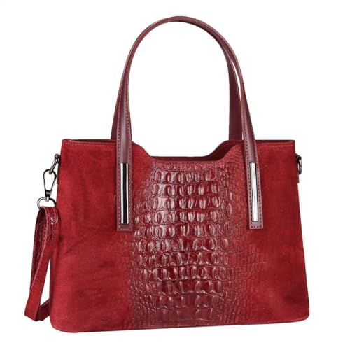 OBC Made IN Italy Damen Echt Leder Tasche Kroko-Prägung Business Shopper Wildleder Schultertasche Handtasche Ledertasche Umhängetasche (Bordo) von ITALYSHOP24