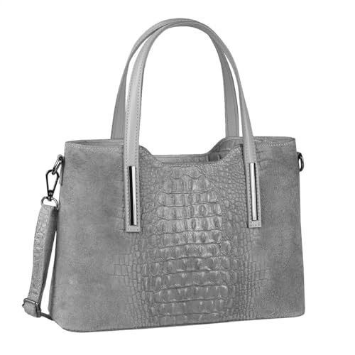 OBC Made IN Italy Damen Echt Leder Tasche Kroko-Prägung Business Shopper Wildleder Schultertasche Handtasche Ledertasche Umhängetasche (Grau) von ITALYSHOP24