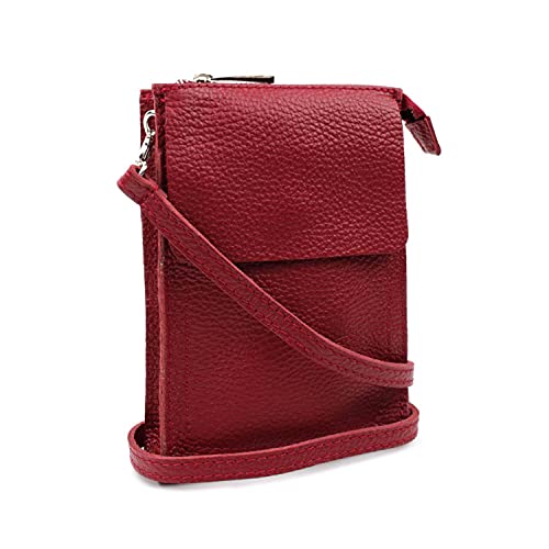 OBC Made in Italy Damen Leder Smartphone Tasche Schultertasche Handytasche Minibag Umhängetasche Geldtasche Ledertasche Crossbody Abendtasche (Dunkelrot) von ITALYSHOP24-COM