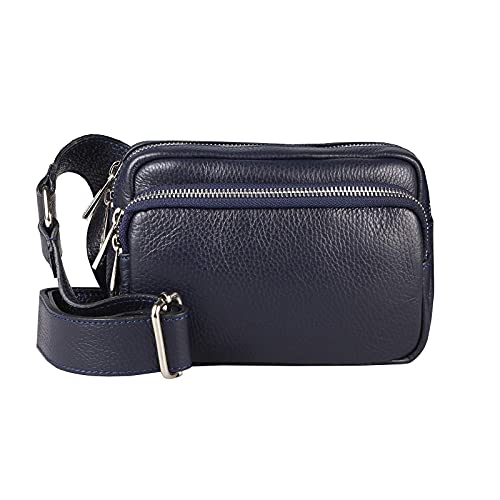 OBC Made in Italy Damen Leder Tasche Crossbody Metallic Hüfttasche Bauchtasche Umhängetasche Bodybag Schultertasche Handytasche Gürteltasche Dunkelblau von ITALYSHOP24-COM