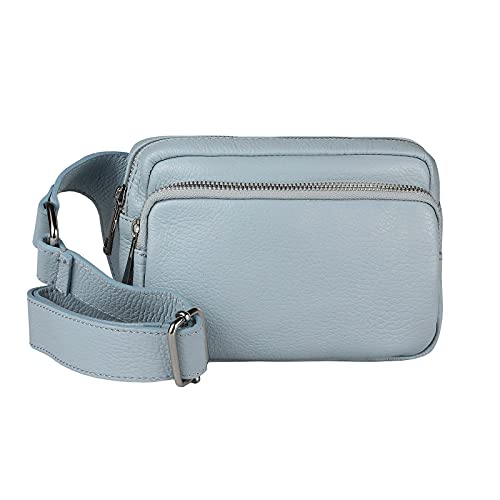 OBC Made in Italy Damen Leder Tasche Crossbody Metallic Hüfttasche Bauchtasche Umhängetasche Bodybag Schultertasche Handytasche Gürteltasche Hellblau von ITALYSHOP24-COM