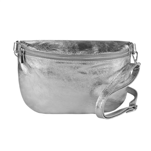 OBC Made in Italy Damen Leder Tasche Gürteltasche Crossbody Hüfttasche Bauchtasche Umhängetasche Cross-Over Bodybag Schultertasche Handytasche (Dunkelsilber) von ITALYSHOP24