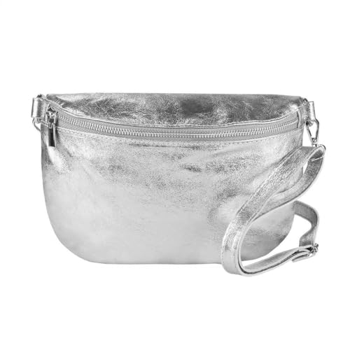OBC Made in Italy Damen Leder Tasche Gürteltasche Crossbody Hüfttasche Bauchtasche Umhängetasche Cross-Over Bodybag Schultertasche Handytasche (Silber) von ITALYSHOP24