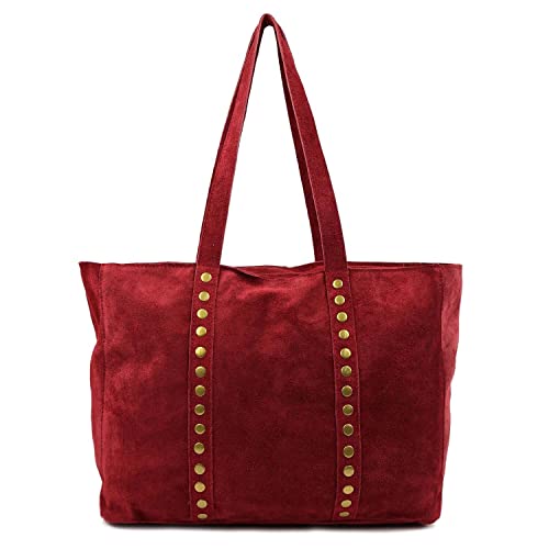 OBC Made in Italy Damen Leder Tasche Handtasche Umhängetasche Reisetasche Shopper Wildleder Schultertasche Tote Bag Ledertasche Henkeltasche Weekender Dunkelrot von ITALYSHOP24-COM