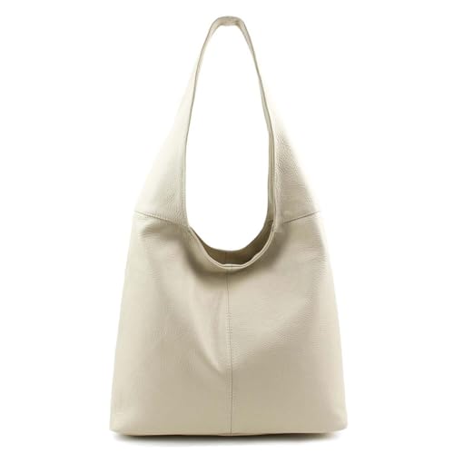 Made in Italy Damen Leder Tasche Shopper Schultertasche Umhängetasche Handtasche Beuteltasche Hobo Bag Ledertasche Beige von ITALYSHOP24