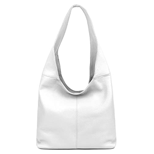 OBC Made in Italy Damen Leder Tasche Shopper Schultertasche Umhängetasche Handtasche Beuteltasche Hobo Bag Ledertasche Nappaleder (Weiß) von ITALYSHOP24