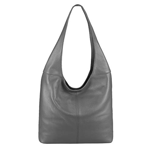 OBC Made in Italy Damen Leder Tasche Shopper Schultertasche Umhängetasche Handtasche Beuteltasche Hobo Bag Ledertasche Nappaleder Grau von ITALYSHOP24-COM