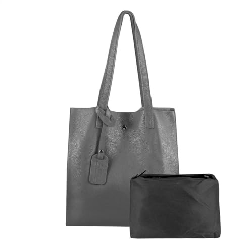 Damen Leder Tasche Set 2in1 Shopper Schultertasche HOBO Bag Umhängetasche Schmucktasche DIN-A4 Grau von ITALYSHOP24.COM