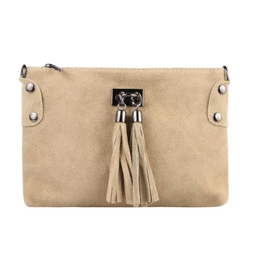 ITALYSHOP24 Made in Italy Damen Leder Clutch Tasche Wildleder Handtasche Umhängetasche Ledertasche Schultertasche Beuteltasche Fransen Cross-Over (Helltaupe), ca.: 24x16 (BxH) von ITALYSHOP24