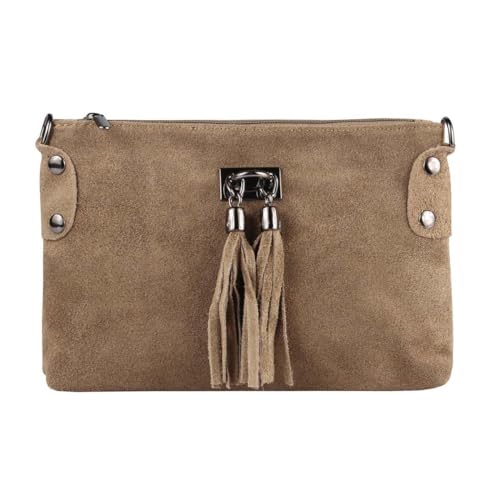 ITALYSHOP24 Made in Italy Damen Leder Clutch Tasche Wildleder Handtasche Umhängetasche Ledertasche Schultertasche Beuteltasche Fransen Cross-Over (Taupe), ca.: 24x16 (BxH) von ITALYSHOP24