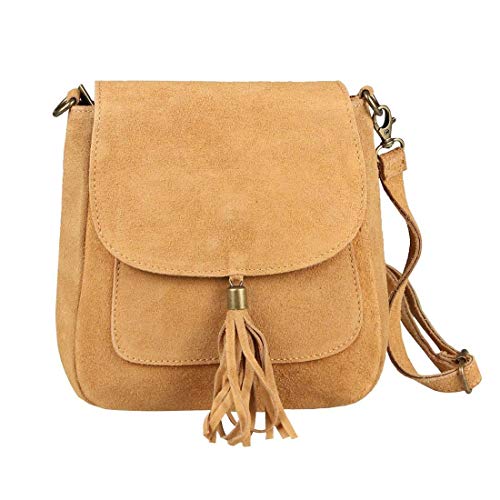 Made in Italy Damen Leder Tasche Messenger Bag Henkeltasche Wildleder Handtasche Umhängetasche Ledertasche Schultertasche Beuteltasche Fransen Cross-Over Cognac von ITALYSHOP24.COM