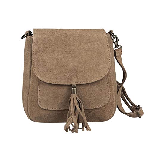 Made in Italy Damen Leder Tasche Messenger Bag Henkeltasche Wildleder Handtasche Umhängetasche Ledertasche Schultertasche Beuteltasche Fransen Cross-Over Taupe von ITALYSHOP24.COM