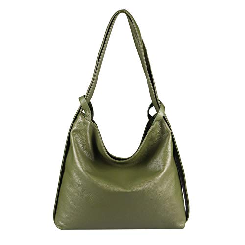 ITALYSHOP24.COM OBC Damen Tasche Rucksack 2 in 1 Umhängetasche Schultertasche Umhängetasche Daypack Leder Rucksacktasche Shopper Backpack Freizeitrucksack (Olivgrün (echtes Leder)) von ITALYSHOP24