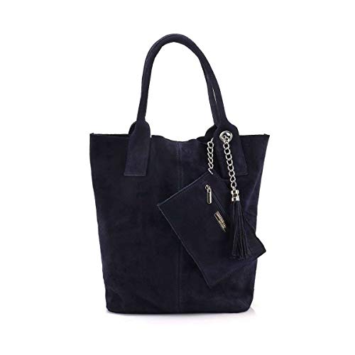 Made IN Italy Damen XXL Leder Tasche + Schmucktasche Handtasche Wildleder Shopper Schultertasche Fransen Umhängetasche Quaste Kette DIN-A4 Hobo Tote Bag Blau von ITALYSHOP24