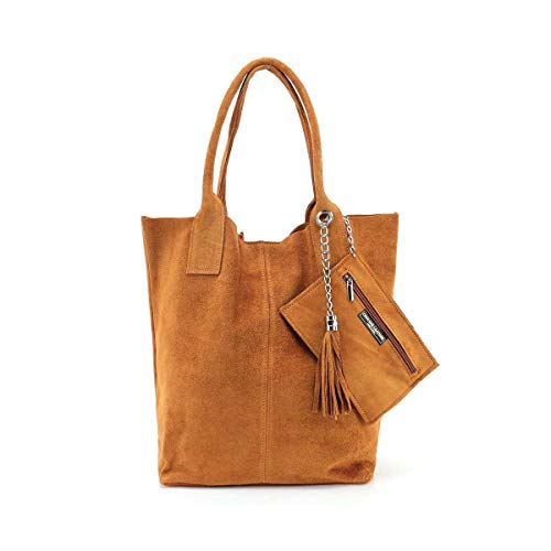 Made IN Italy Damen XXL Leder Tasche + Schmucktasche Handtasche Wildleder Shopper Schultertasche Fransen Umhängetasche Quaste Kette DIN-A4 Hobo Tote Bag Braun von ITALYSHOP24.COM