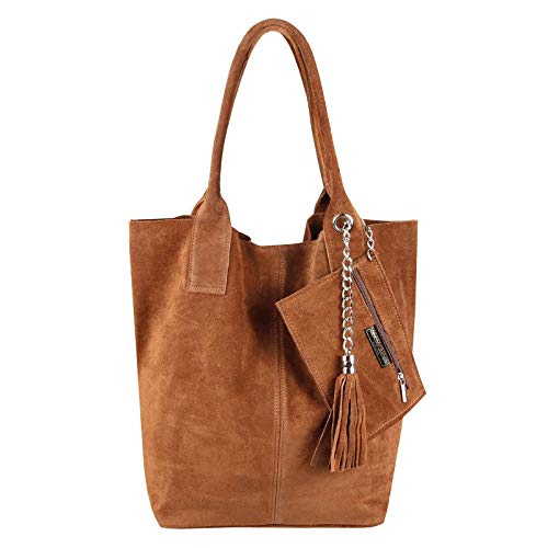 Made IN Italy Damen XXL Leder Tasche + Schmucktasche Handtasche Wildleder Shopper Schultertasche Fransen Umhängetasche Quaste Kette DIN-A4 Hobo Tote Bag Cognac-Braun von ITALYSHOP24