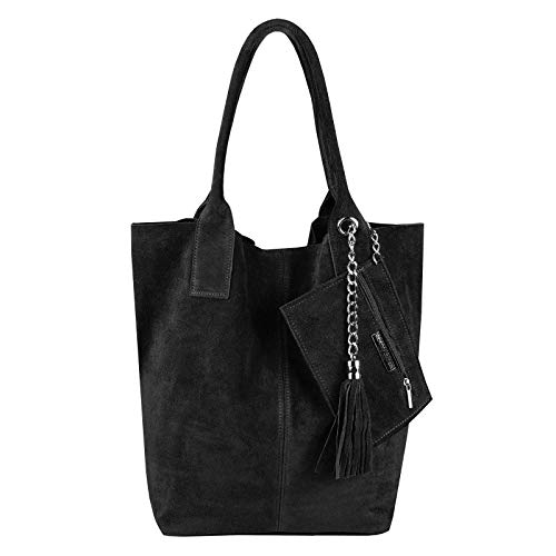 Made IN Italy Damen XXL Leder Tasche + Schmucktasche Handtasche Wildleder Shopper Schultertasche Fransen Umhängetasche Quaste Kette DIN-A4 Hobo Tote Bag Schwarz von ITALYSHOP24