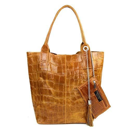 Made IN Italy Damen XXL Leder Tasche + Schmucktasche Wildleder Shopper Schultertasche Fransen Umhängetasche Quaste Kette DIN-A4 Hobo Tote Bag Cognac Kroko von ITALYSHOP24.COM