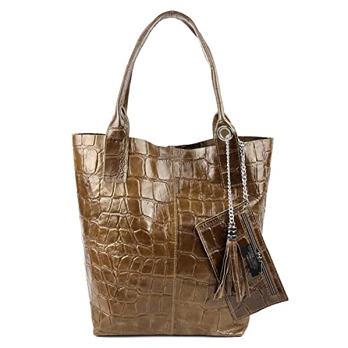 Made IN Italy Damen XXL Leder Tasche + Schmucktasche Wildleder Shopper Schultertasche Fransen Umhängetasche Quaste Kette DIN-A4 Hobo Tote Bag Taupe Korko von ITALYSHOP24.COM