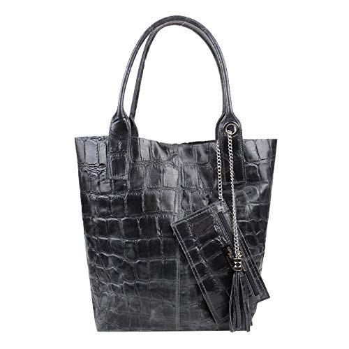 Made IN Italy Damen XXL Leder Tasche Wildleder Shopper Schultertasche + Schmucktasche (Dunkelgrau Kroko) von ITALYSHOP24.COM