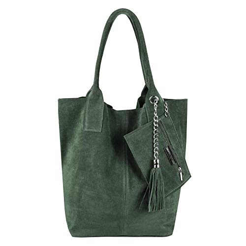 Made IN Italy Damen XXL Leder Tasche Wildleder Shopper Schultertasche + Schmucktasche (Dunkelgrün) von ITALYSHOP24