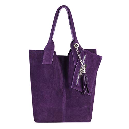 Made IN Italy Damen XXL Leder Tasche Wildleder Shopper Schultertasche + Schmucktasche (Lila) von ITALYSHOP24