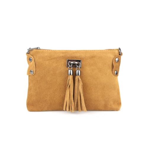 Made in Italy Damen Leder Clutch Tasche Messenger Bag Henkeltasche Wildleder Handtasche Umhängetasche Ledertasche Schultertasche Beuteltasche Fransen Cross-Over Cognac von ITALYSHOP24