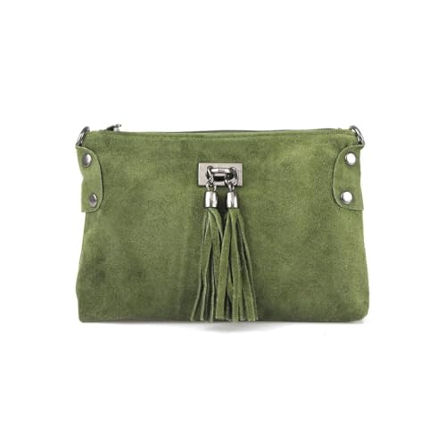 Made in Italy Damen Leder Clutch Tasche Messenger Bag Henkeltasche Wildleder Handtasche Umhängetasche Ledertasche Schultertasche Beuteltasche Fransen Cross-Over Grün von ITALYSHOP24