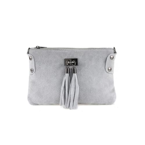 Made in Italy Damen Leder Clutch Tasche Messenger Bag Henkeltasche Wildleder Handtasche Umhängetasche Ledertasche Schultertasche Beuteltasche Fransen Cross-Over HellGrau von ITALYSHOP24.COM