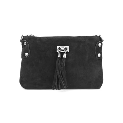 Made in Italy Damen Leder Clutch Tasche Messenger Bag Henkeltasche Wildleder Handtasche Umhängetasche Ledertasche Schultertasche Beuteltasche Fransen Cross-Over Schwarz von ITALYSHOP24