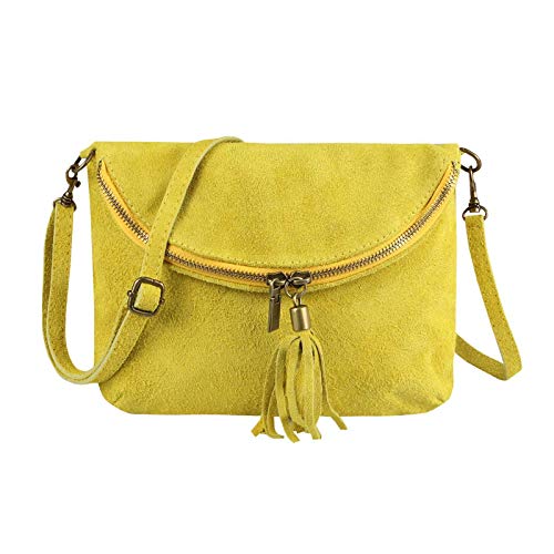 Made in Italy Damen Leder Tasche Henkeltasche Wildleder Handtasche Umhängetasche Ledertasche Schultertasche Beuteltasche Fransen Cross-Over Clutchtasche Gelb von ITALYSHOP24