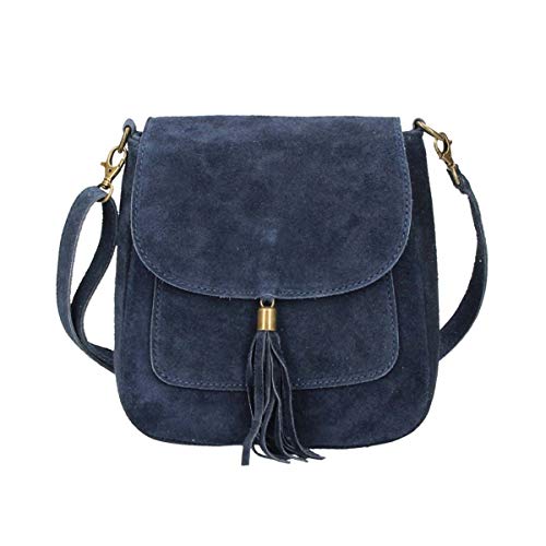 Made in Italy Damen Leder Tasche Messenger Bag Henkeltasche Wildleder Handtasche Umhängetasche Ledertasche Schultertasche Beuteltasche Fransen Cross-Over Dunkelblau von ITALYSHOP24