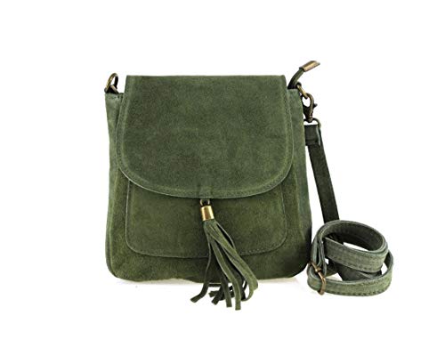 Made in Italy Damen Leder Tasche Messenger Bag Henkeltasche Wildleder Handtasche Umhängetasche Ledertasche Schultertasche Beuteltasche Fransen Cross-Over Grün von ITALYSHOP24