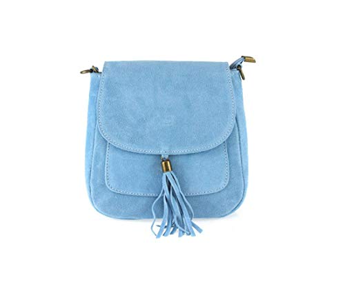 Made in Italy Damen Leder Tasche Messenger Bag Henkeltasche Wildleder Handtasche Umhängetasche Ledertasche Schultertasche Beuteltasche Fransen Cross-Over Himmelsblau von ITALYSHOP24