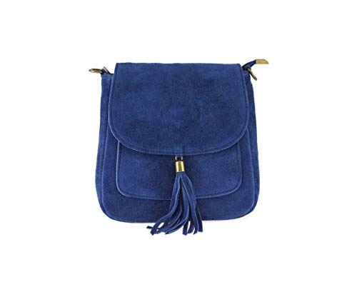 Made in Italy Damen Leder Tasche Messenger Bag Henkeltasche Wildleder Handtasche Umhängetasche Ledertasche Schultertasche Beuteltasche Fransen Cross-Over Jeansblau von ITALYSHOP24.COM