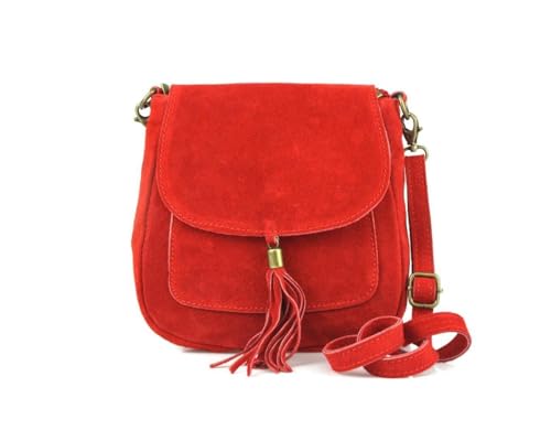 Made in Italy Damen Leder Tasche Messenger Bag Henkeltasche Wildleder Handtasche Umhängetasche Ledertasche Schultertasche Beuteltasche Fransen Cross-Over Rot von ITALYSHOP24