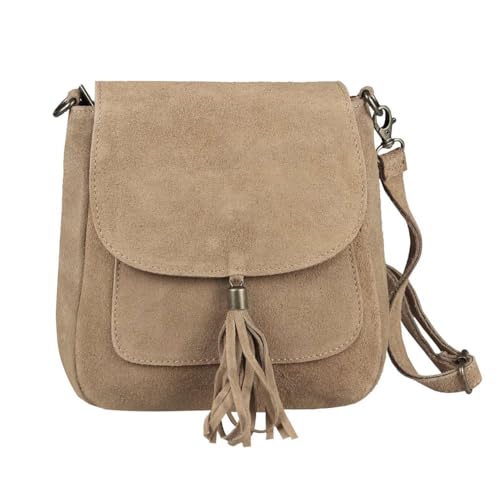 Made in Italy Damen Leder Tasche Messenger Bag Henkeltasche Wildleder Handtasche Umhängetasche Ledertasche Schultertasche Beuteltasche Fransen Cross-Over Taupe (Hell) von ITALYSHOP24
