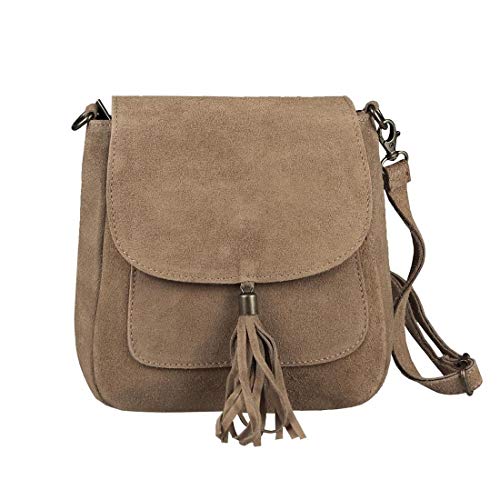 Made in Italy Damen Leder Tasche Messenger Bag Henkeltasche Wildleder Handtasche Umhängetasche Ledertasche Schultertasche Beuteltasche Fransen Cross-Over Taupe von ITALYSHOP24