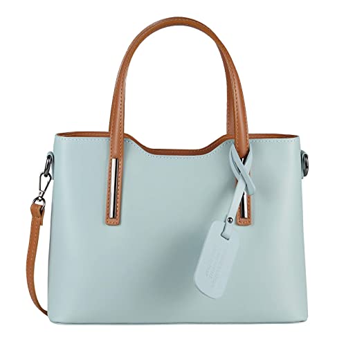 OBC Made IN Italy Damen Echt Leder Tasche Business Shopper Schultertasche Handtasche Ledertasche Umhängetasche Rindsleder Freizeittasche Hellblau-Braun von ITALYSHOP24