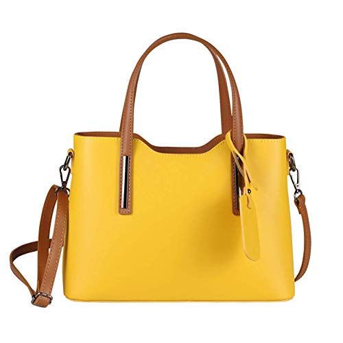 OBC Made IN Italy Damen Echt Leder Tasche Business Shopper Schultertasche Handtasche Ledertasche Umhängetasche Rindsleder Freizeittasche Gelb-Braun von ITALYSHOP24