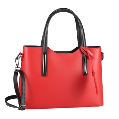 OBC Made IN Italy Damen Echt Leder Tasche Business Shopper Schultertasche Handtasche Ledertasche Umhängetasche Rindsleder Freizeittasche Rot-Schwarz von ITALYSHOP24