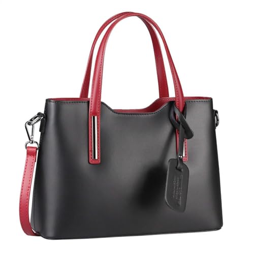 OBC Made IN Italy Damen Echt Leder Tasche Business Shopper Schultertasche Handtasche Ledertasche Umhängetasche Rindsleder Freizeittasche Schwarz-Rot von ITALYSHOP24