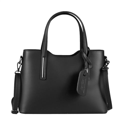 OBC Made IN Italy Damen Echt Leder Tasche Business Shopper Schultertasche Handtasche Ledertasche Umhängetasche Rindsleder Freizeittasche Schwarz von ITALYSHOP24.COM