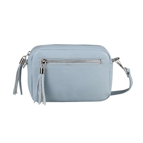 OBC Made in Italy Damen Leder Tasche Umhängetasche Schultertasche Beuteltasche Cross-Over Cross Bag Glattleder Schmucktasche Fransen Ledertasche (Hellblau) von ITALYSHOP24