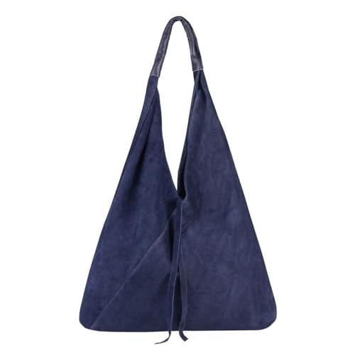 OBC Made in Italy Damen XXL Leder Tasche Handtasche Wildleder Shopper Schultertasche Hobo-Bag Umhängetasche Beuteltasche Velourleder DIN-A4 Ledertasche Dunkelblau/Navy von ITALYSHOP24