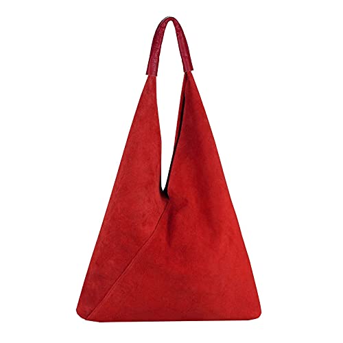 OBC Made in Italy Damen XXL Leder Tasche Handtasche Wildleder Shopper Schultertasche Hobo-Bag Umhängetasche Beuteltasche Velourleder DIN-A4 Ledertasche Rot von ITALYSHOP24