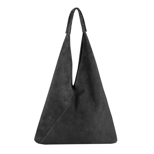 OBC Made in Italy Damen XXL Leder Tasche Handtasche Wildleder Shopper Schultertasche Hobo-Bag Umhängetasche Beuteltasche Velourleder DIN-A4 Ledertasche Schwarz von ITALYSHOP24